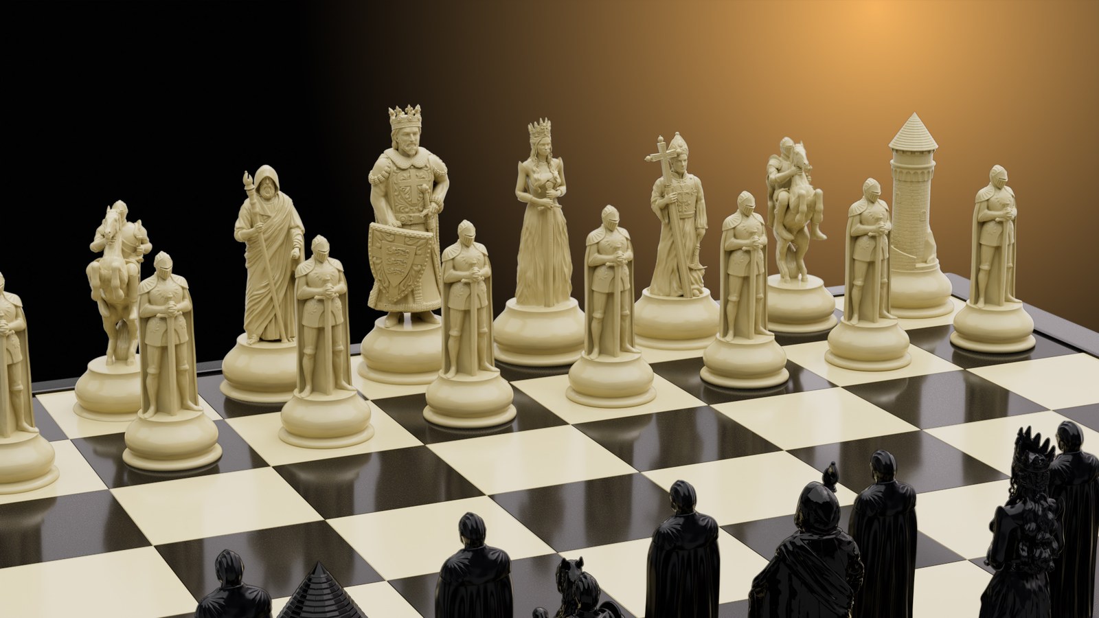 Gerendertes Schachspiel mit Figuren und Brett